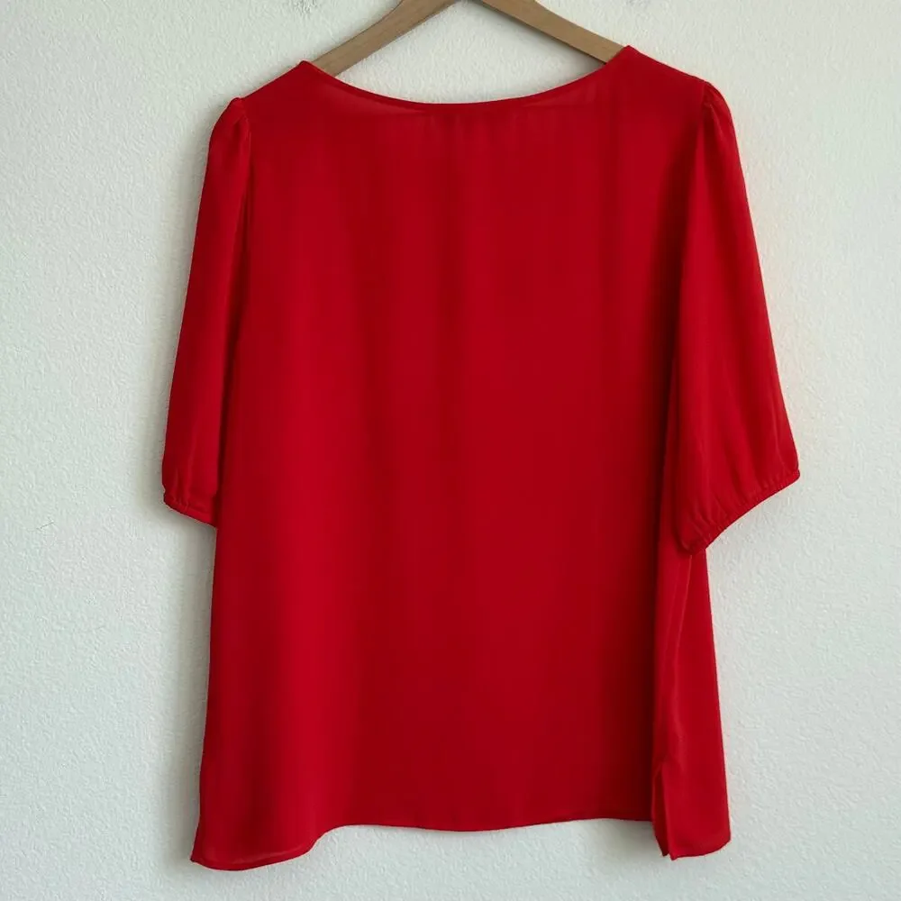 LOFT Red Blouse Lightweight Scoop Neck Scoop Neck Puff Sleeve Sheer Size L
